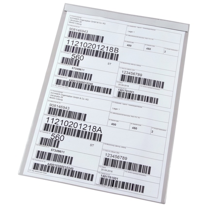 Sichttasche DIN A7 quer mit eingelegten Dokumenten und Barcode-Etiketten.