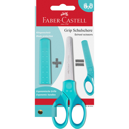 Türkise Bastelschere mit ergonomischen Griffen und Klingenschutz auf einer blauen Verpackung.