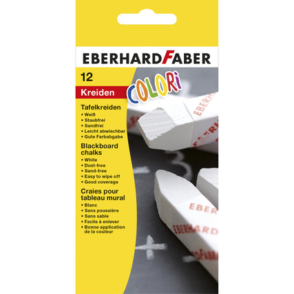 Paket mit 12 weißen, sand- und staubfreien Tafelkreiden in einer Produktverpackung.