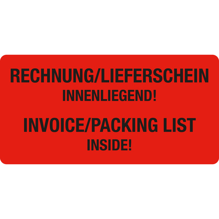 Selbstklebendes Hinweisetikett in Rot mit mehrsprachigem Text "Rechnung/Lieferschein innenliegend!"
