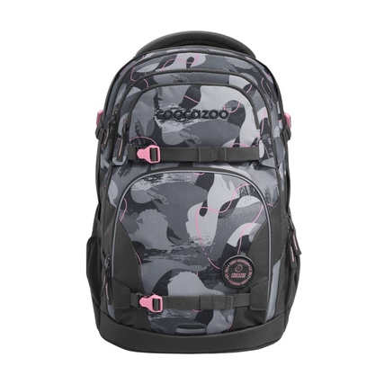 Schulrucksack COOCAZOO PORTER in grau mit pinken Akzenten und mehreren Fächern vorne.