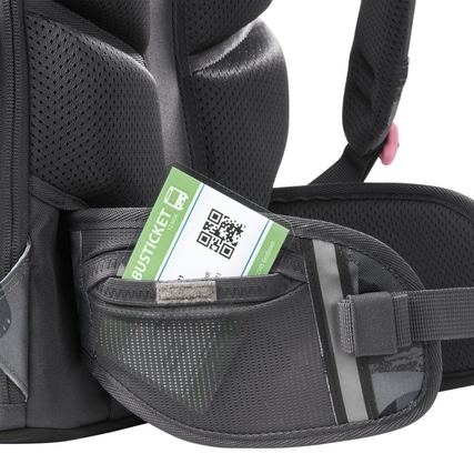 Schulrucksack mit sichtbarem Fach für Busticket und ergonomischem Design.
