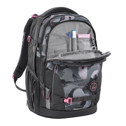 Schulrucksack COOCAZOO PORTER Bubble Brush geöffnet, mit Fächern und Stiften im Inneren.
