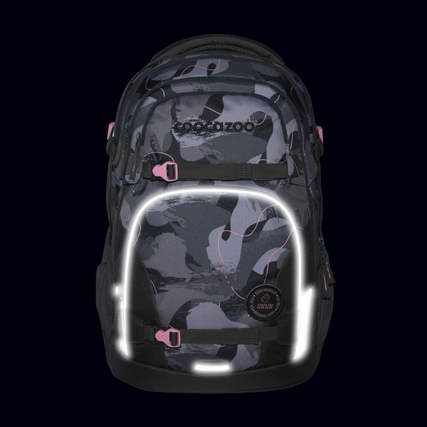 Schulrucksack mit ergonomischem Design und reflektierenden Elementen in Schwarz und Pink.