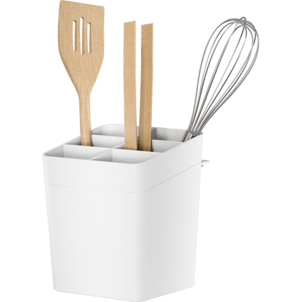 Weißer Küchenutensilienhalter mit Holz- und Metallküchenhelfern in einem modernen Design.