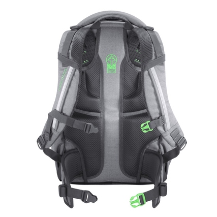 Rückansicht eines grauen Schulrucksacks mit ergonomischer Polsterung und verstellbaren Gurten.