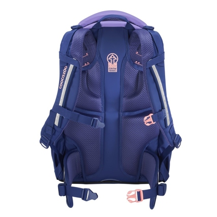 Rückansicht eines blauen Schulrucksacks mit ergonomischen Schulterträgern und verschiedenen Riemen.