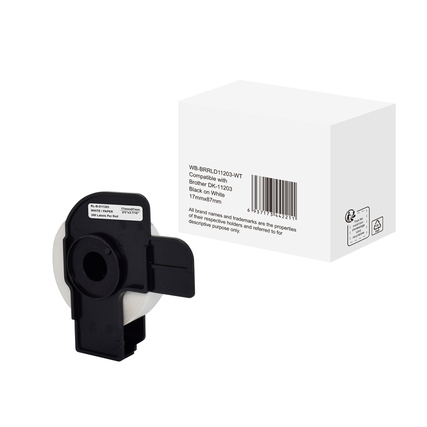 Ordneretikett kompatibel mit Brother DK-11203 in Verpackung mit Sicht auf die Rolle.
