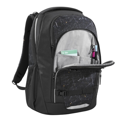 Schulrucksack in Schwarz mit mehreren Fächern und Organizer, Rückansicht des Produkts.