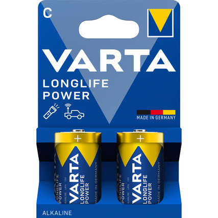 Batterien der Größe C in gelber und blauer Verpackung mit Plus- und Minuszeichen.