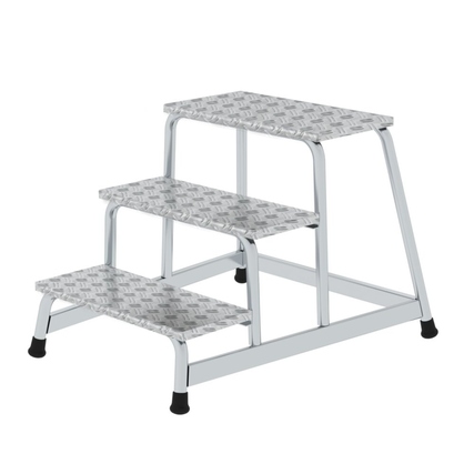 Podestleiter mit drei Stufen und rutschfester Oberfläche aus Aluminium-Warzenblech.