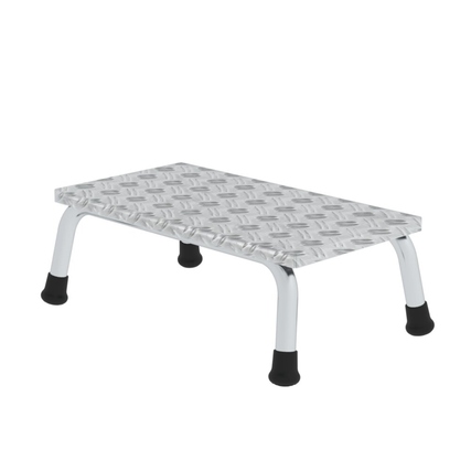 Arbeitspodest aus Aluminium mit rutschfesten Kunststoffschuhen und stabiler Rohrkonstruktion.