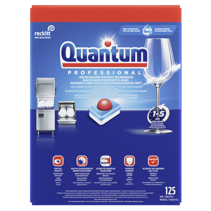 Packung mit Quantum Spülmaschinentabs Professional, 125 Tabs, empfehlenswerte Anwendungshinweise.