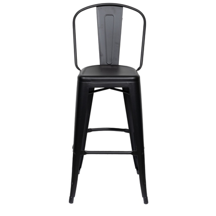 Schwarzer Barhocker mit perforierter Sitzfläche und Metallgestell, aufrecht stehend.