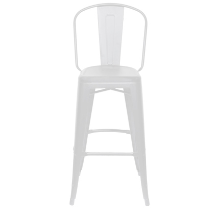 Weißer Barhocker mit perforierter Sitzfläche und metallischem Gestell in industriellem Design.