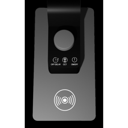 Oberansicht der Tischleuchte mit Bedienelementen und induktivem Ladefeld.