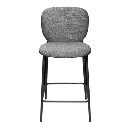 Grauer Barhocker mit gepolsterter Sitzfläche und schwarzem Metallgestell, frontale Ansicht.