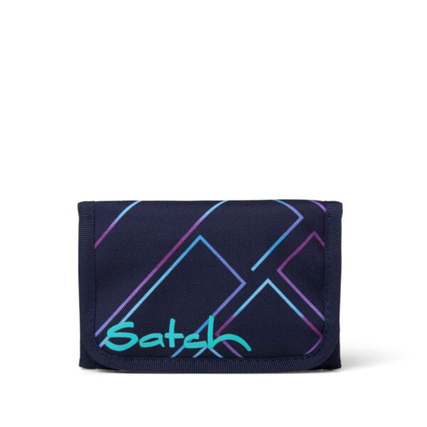 Dunkelblaue Geldbörse mit bunten Linien und einem Logo auf der Vorderseite.