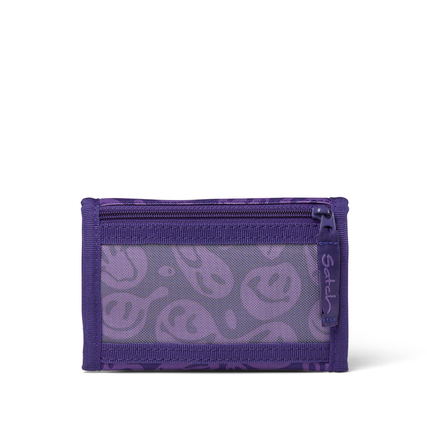 Lila Geldbörse mit transparentem Sichtfenster und Smiley-Muster.