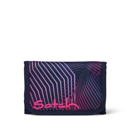 Dreifach gefaltete Geldbörse in Seismic Pink mit geometrischem Muster und Logo auf der Vorderseite.