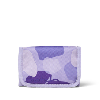 Lila Geldbörse mit einem Muster aus verschiedenen lila und weißen Farbtönen.