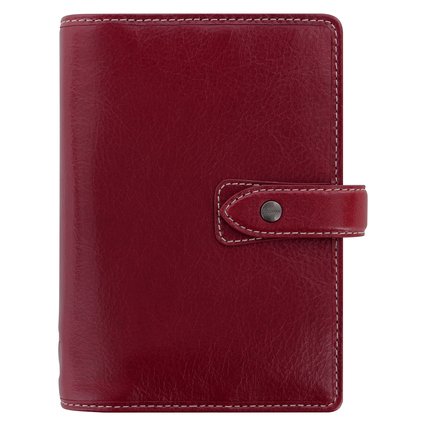 Rotes Organizer-Case aus weichem Büffelleder mit Kontrastnähten und einem Druckknopfverschluss.