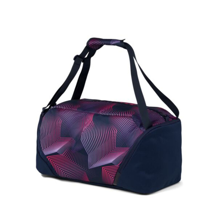 Sporttasche in Pink und Blau mit geometrischem Muster und abnehmbaren Schultergurten.