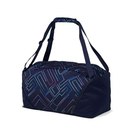 Sporttasche mit blauem geometrischem Muster, zwei Tragegriffen und Schultergurten.