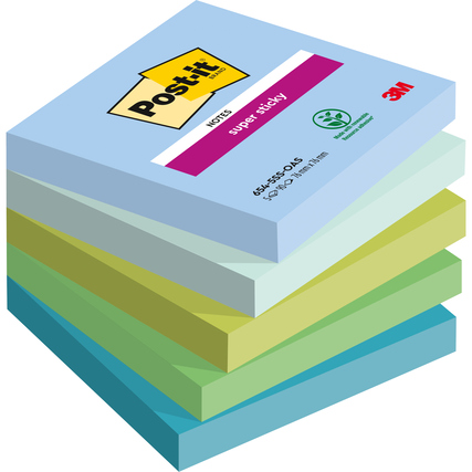 Bunte Stapel von Post-it® Super Sticky Notes in verschiedenen Blau- und Grüntönen.