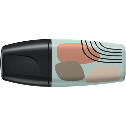 Textmarker in sanften Farben mit organischem Design und schwarzer Kappe, seitliche Ansicht.