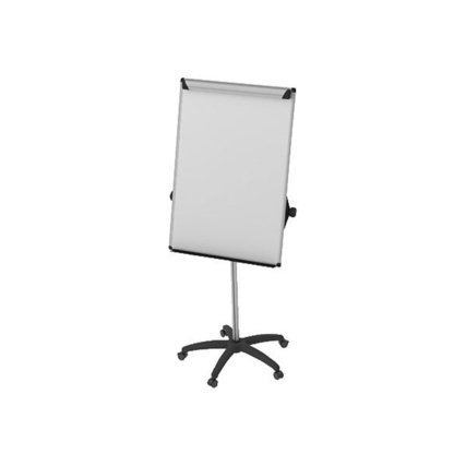 Flipchart auf Rollen mit verstellbarem Winkel und leerer Schreibfläche.