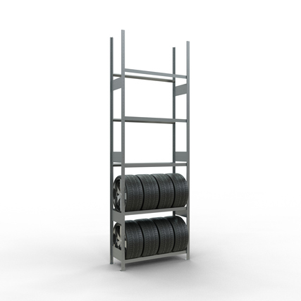 Reifenregal mit fünf Fachböden und montierten Reifen auf zwei untersten Ablagen.