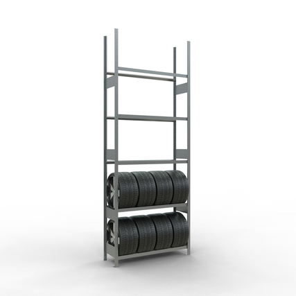 Reifenregal mit fünf Fachböden und gestapelten Reifen auf den unteren Ebenen.