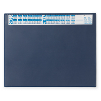 Dunkelblaue Schreibunterlage mit transparenter Abdeckung und schmalem Jahreskalender für 4 Jahre.