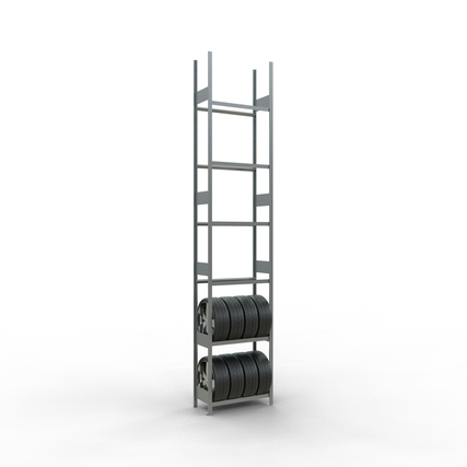 Reifenregal mit sechs Fachböden und zwei gestapelten Reifen als Beispiel für die Nutzung.