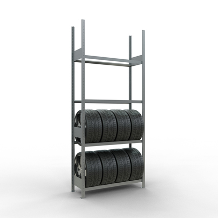 Reifenregal mit vier Fachböden und Reifenlagerung in vertikaler Aufstellung.