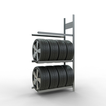 Reifenregal mit drei Fachböden und gelagerten Reifen, seitliche Ansicht.