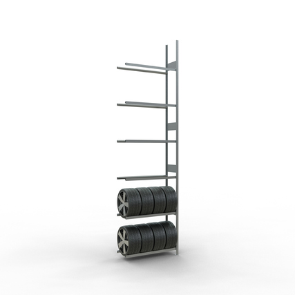 Reifenregal mit sechs Fachböden und zwei Lagereinheiten für Reifen.