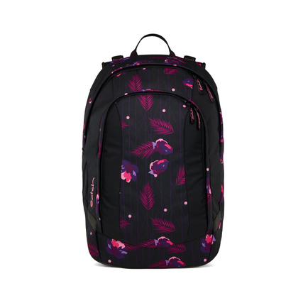 Schulrucksack mit floralem Design in Schwarz und Pink, Frontansicht.