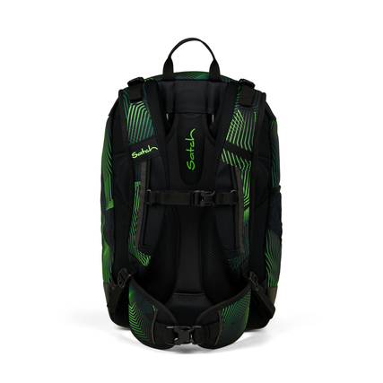 Schulrucksack in Seismic Green mit ergonomischem Tragesystem und verstellbaren Gurten, Rückansicht.
