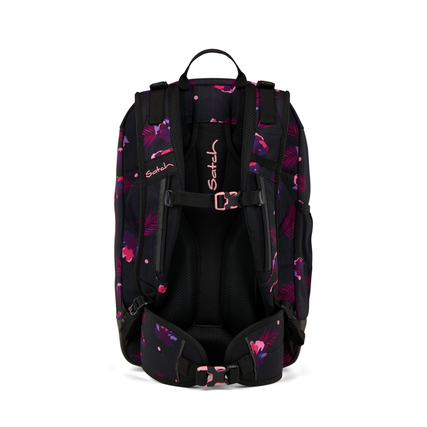 Schulrucksack in Schwarz mit buntem Flower-Design, gezeigt von hinten mit Tragesystem.