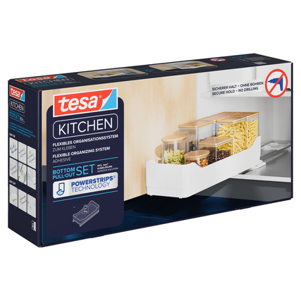 Schachtel mit tesa® Schrankauszug für Küchenschränke und transparenten Aufbewahrungsgefäßen.