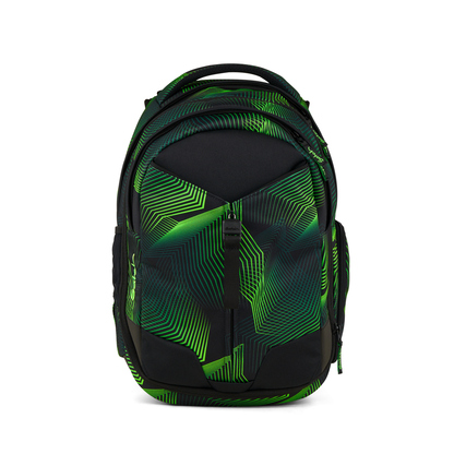 Schulrucksack in Seismic Green mit grafischem Muster und mehreren Fächern von vorne.