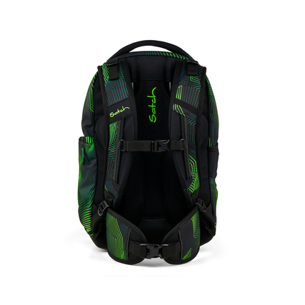 Schulrucksack in Seismic Green mit ergonomischem Design und verstellbarem Hüft- und Brustgurt.