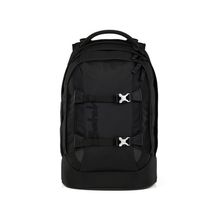 Schwarzer Schulrucksack mit minimalistischem Design und zwei Frontverschlüssen.