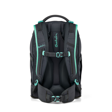 Schulrucksack in Mint und Schwarz mit ergonomischem Rückensystem und verstellbaren Gurten.