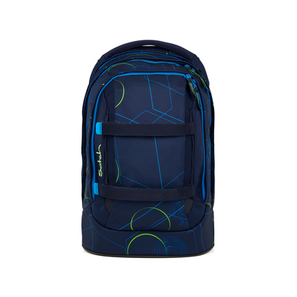 Blau gemusterter Schulrucksack mit zwei Hauptfächern und verstellbaren Gurten.