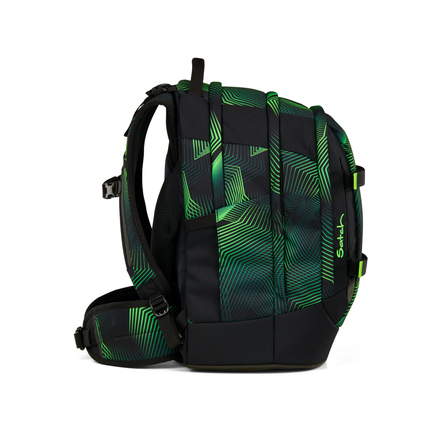 Schulrucksack in Seismic Green mit ergonomischem Design und seitlicher Sichtansicht.