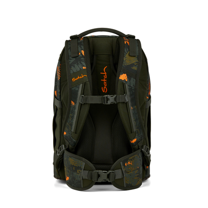 Rückansicht eines Satch Schulrucksacks mit Jurassic Jungle Design und ergonomischem Tragesystem.
