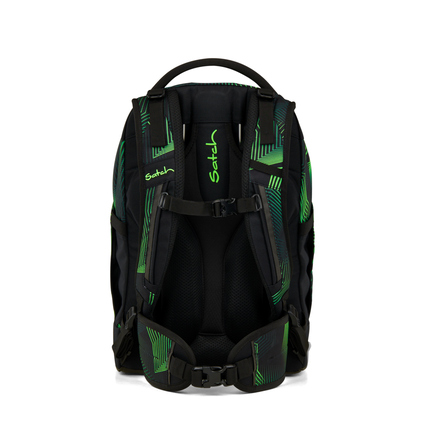 Schulrucksack in Seismic Green mit ergonomischem Rücken und verstellbaren Gurten, Rückansicht.